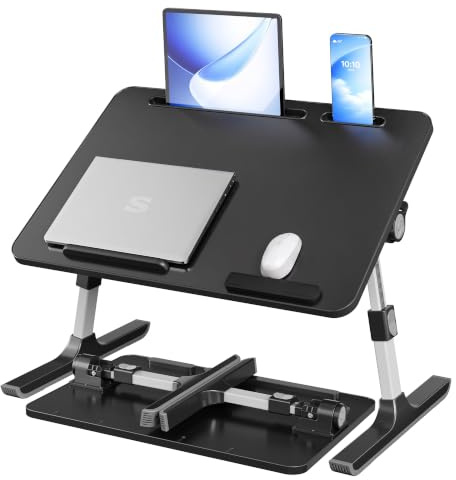 SONGMICS Laptoptisch, Betttisch mit Geräteschlitz, 60 x 40 x 25 cm | Holzspanplatte, Aluminiumlegierung und ABS-Kunststoff, für Schlafzimmer und Wohnzimmer, Tintenschwarz,LLD118B101