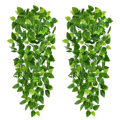 CEWOR 2pcs Fake Hanging Plants for Room Decor, 3.6ft Artificial Ivy Pothos Vine for Wall Living Room Patio Indoor Outdoor Home Shelf Office Decor (No Baskets)