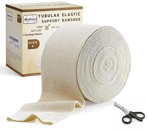 Tubular Compression Bandage Size F (4” x 33 ft) – Elastic Stockinette Support Sleeve for Large Knee, Thigh, Leg & Arm – Cut-to-Fit, Washable Reusable, No Pins/Tape – Includes Bandage Medical Scissors