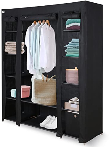 Knight Canvas Wardrobe Organiser | Spacious Free Standing Closet with Hanging Rail & Cubic Drawer | Stylish & Durable | L 150cm x W 45cm x H 175cm - Sleek Black