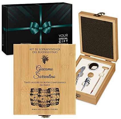 Maverton Set Cavatappi da Vino, Kit da Sommelier Degustazione Perfetta | Personalizzato, Scatola in Legno di bambù + 4 Pezzi di Accessori Vino, Regalo Uomo, regalo di Natale, Kit di buongustaio
