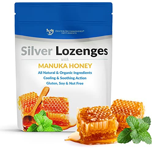 Silver Lozenges with Organic Manuka Honey and Vitamin C - All-Natural Nano Silver 45-50mcg of 60 PPM Colloidal Silver Mineral Drops to Support Immune System, Soothe, Cool Cough & Throat, 24-Lozenges