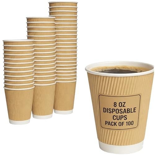 EPISENT 100 × 8oz Disposable Paper Cups, Insulated Ripple Wall Hot Drink Cups for Coffee Tea and Hot Chocolate, Leak Resistant Takeaway Cups for Home Office and Events