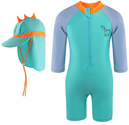 M MUNCASO Traje de baño para bebés y niños pequeños con sombrero a juego, traje de baño de una pieza con cremallera, protección UV, traje de baño para bebé Beachwea, Lago Azul, 2-3 Años