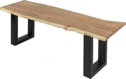 SAM Esszimmerbank 120x42 cm Quintus, Akazienholz massiv & naturfarben, echte Baumkante, Baumkantenbank mit U-Gestell Schwarz, Sitzbank mit 26 mm Platte