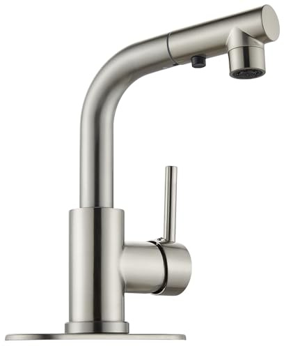 Cinwiny Bathroom Faucets with Pull Down Sprayer Brushed Nickel Sink Faucets Deck Mounted Single Handle 1 Hole Kitchen Faucet Three Water Flow Modes with Rotating Spout