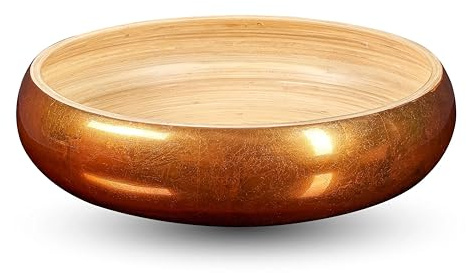 LEXA 12 Handmade Copper Bamboo Wooden Fruit Bowl for Kitchen Counter - 130 oz Lightweight Large Bamboo Wood Salad Bowl