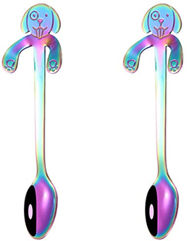 Ice Cream Spoons Set of 2 Stainless Steel Latte Spoons for Latte Coffee Hot Chocolate Hot Drinks 11.7cm Dog Shape (Rainbow)