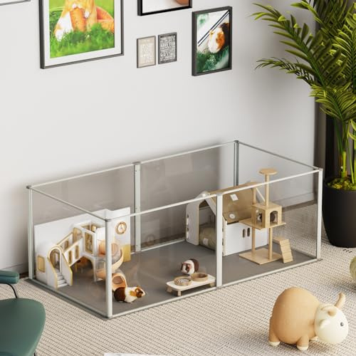Acryl Kleintiere Laufstall Indoor, 6-TLG kleintiergehege 124x63x40 cm | Freigehege Innen, mit Wasserdicht Bodenplatten, Gehege für Kaninchen Meerschweinchen Hasen Hamster Igel
