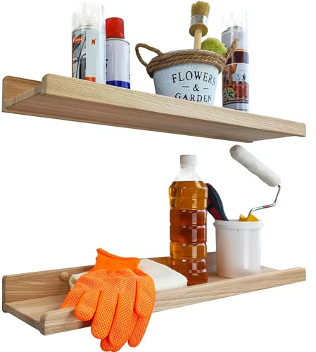 Handcrafted Floating Shelves for Wall 60cm, Waterproof Wall Storage Shelves with Lip, Display Picture Ledge Shelf for Living Room Photo Frame, Natural Wood Hanging Book Shelves (DIY-Unfinished, Set 2)