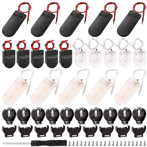 KUOQIY 40 Stücke 6 Typen 3V Knopfzelle Batterie Halter, CR2032 Batteriehalter, CR2032 Knopfzellen-Batteriehalter Sockel Box Clip Gehäuse mit An-/Ausschalter Kabel, mit Schraubendreher und Schrauben