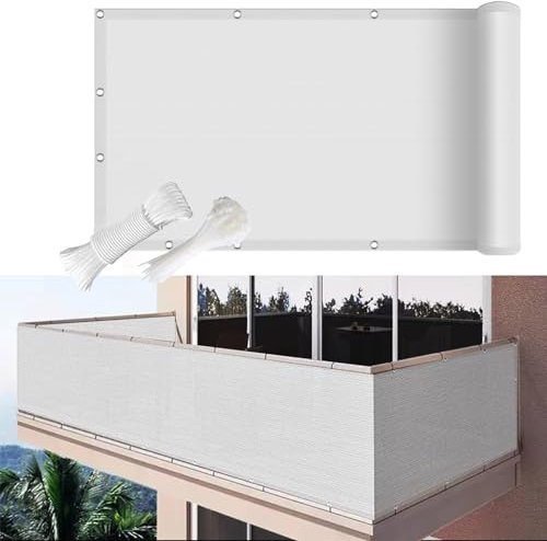 Balkon Sichtschutz Ohne Bohren 80 x 250 cm Sichtschutz Blickdichte UV Schutz Balkonverkleidung mit Kabelbinder für Geländer Deck Pool, Weiß