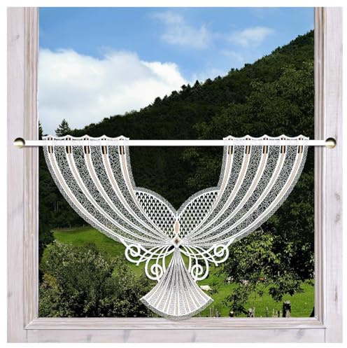 Scheibenhänger Aluna Echte Plauener Spitze Moderne Fächerspitze in weiß, beige und anthrazit Klassische Spitzengardine mit Ornamenten 31 x 44 cm