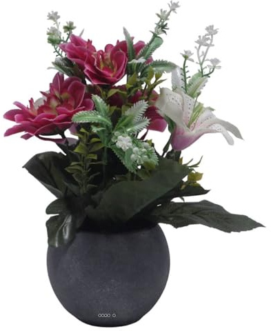 Artificielles.com - Pot Boule Béton pour Tombe de Dahlia, Lys et mini fleurs Rose fushia artificiels - Toussaint - couleur: Rose fushia 730