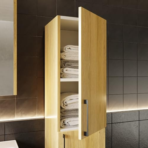 Karen Badezimmer Hochschrank 30 cm Breit Verona | 130 x 30 x 30 cm | Softclose-Türen | Bügelgriffe | Holzfurnier Eiche | Badezimmerschrank Badschrank Badhochschrank Badregal