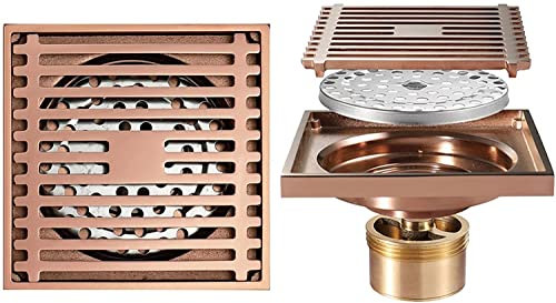 4-Zoll-Quadrat-Duschablauf, Messing-Duschbodenablauf mit Abnehmbarer Abdeckung, Gitterrost, Bodenablauf mit Haarsieb für Küche, Waschraum, Garage und Keller (Weiß: Roségold)