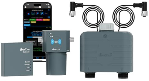LinkTap T1, smart bevattningsdator och grind, 2-zons bevattningskontroll, inbyggd flödesmätare, tidskontroll, längre räckvidd än WiFi, detektering