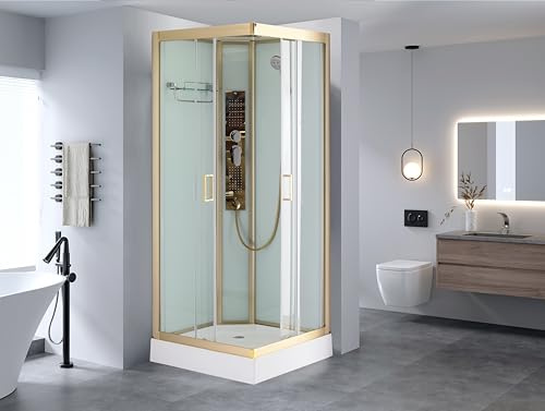 Easy Install Shower Enclosure - Modern 900x900mm Aluminium Shower Cabin with Sliding Door, Gold & White, Full Unit