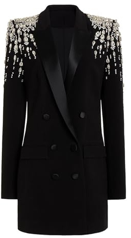 NCDIMS Damen Strass Lange Blazer Kleid Jacke Luxus Handgefertigt Diamant Satin Kragen Zweireihig Frauen Anzug Outfits, Schwarz, 44