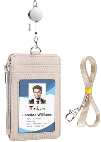Teskyer Ausweishülle aus Microfaser-Leder mit Reißverschlussfach und einziehbarem Schlüsselband – Vertikales Design für 4 Karten + Transparentes Fenster (Beige, Lychee-Prägung)