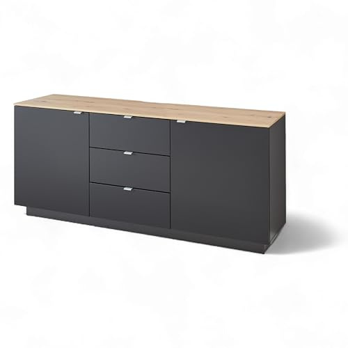 CORE TV-Sideboard Schwarz Artisan Eiche Optik 180 x 77 x 44 cm (B/H/T) | Fernsehschrank mit 3 Schubladen und 2 Türen, viel Stauraum, Front Schwarz Supermatt, Korpus Artisan Eiche Optik, Landhaus