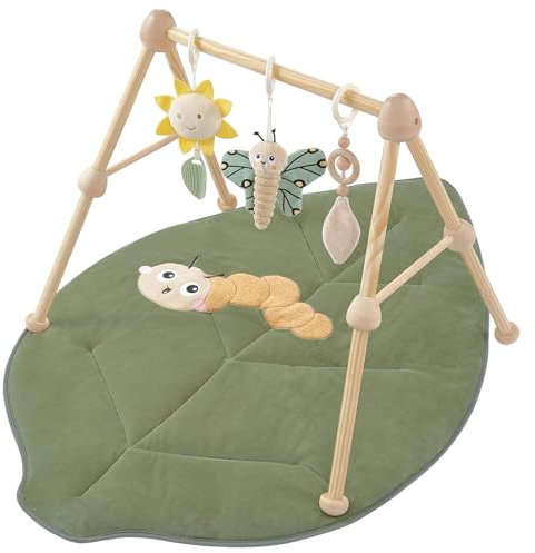 Cottonbebe 4 IN 1 Blatt Spielbogen Baby, Spielmatte Babies mit Natur Holz Activity Spielbogen, 3 abnehmbaren Spielzeugen zum Greifen, für ab 0-3-6-12-36 Monaten