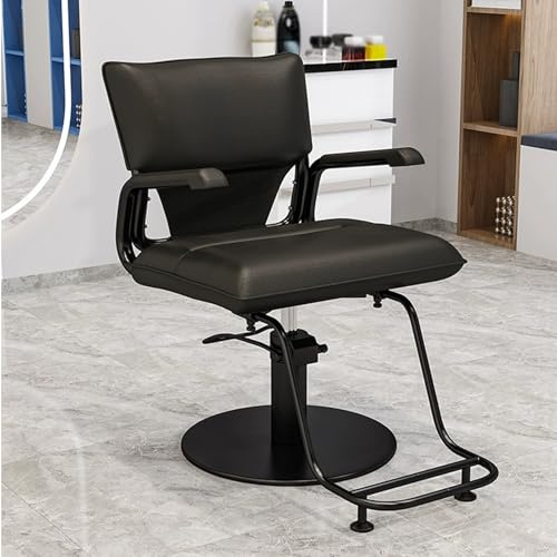 Friseurstuhl Günstig mit Armlehnen 360° Drehbar Hydraulischer Aufzug Salonstuhl aus Leder mit Schwarzem Edelstahlsockel und Fußstütze für Friseursalon Frisörladen Barbershop(Black)