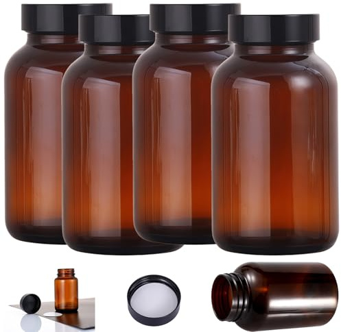 Ksnowqi 4 Stück Vorratsdosen Glas Set, 500ml Braunglüser mit Deckel und Schraubverschluss, Braunglasflaschen mit Etiketten für Aufbewahrung Gewürze, Nüsse