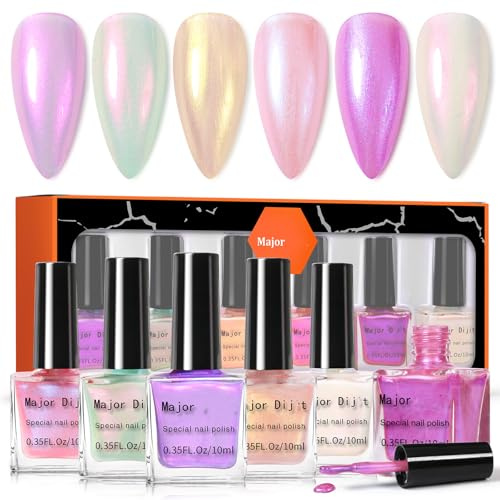 Nail Polish Set - 6 Colours Pearl Glitter Nail Varnish Set - Quick Dry Nail Polish - Long Lasting Shimmer Nail Colour,Aurora Effect Chip Resistant Gloss Finish, No UV Needed for DIY at Home