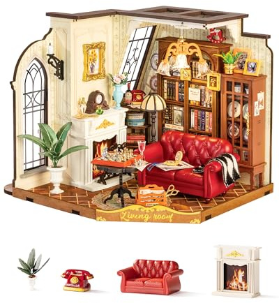 Rolife Miniatur Haus Catherines Vintage-Wohnzimmer, 284-teiliges Mini Haus Selber Bauen Bastelset Erwachsene für Jugendliche Kein Kleber erforderlich, Puppenhaus Tiny House Bausatz 3D Puzzle Book Nook
