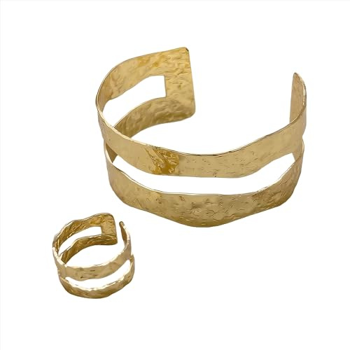 Double Layer Wave Gold Bracelet Ring Set for Women - Adjustable Boho Jewelry with Stackable Cuff Bracelet