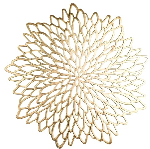 Snowkingdom Pack of 8 Gold Metallic Round Placemats Bulk Round Pressed Vinyl Leaf Dinning Kitchen Table Mats Decoration for Christmas Wedding Thanksgiving Party