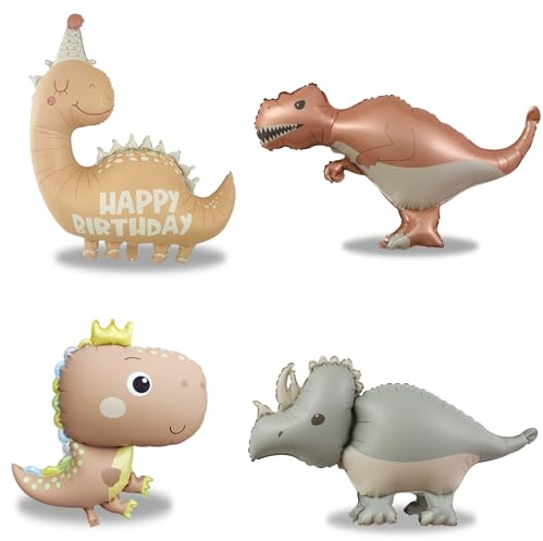 Globos Dinosaurio Cumpleaños, 4 XXL de Aluminio Mate | 4 globos dinosaurio XXL de aluminio mate, diseños variados para cumpleaños, fondo de fotos y fiesta dino