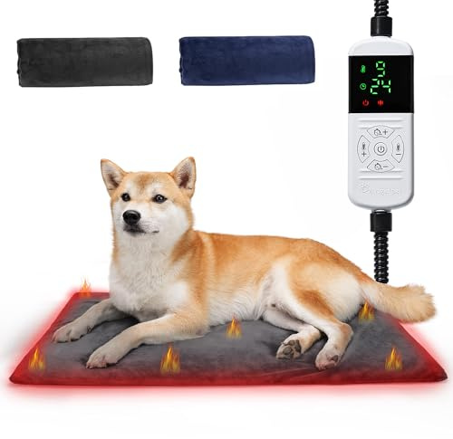 Angelpet Pet Heating Pad for Dogs & Cats L 45x70cm – 9 Adjustable Temperature Levels (35–55℃) & 14 Timer Settings (0–12H/24H), Electric Heated Pet Mat with Chew-Resistant 1.8m Cord, 2 Washable Covers