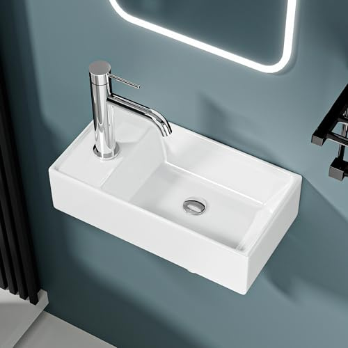 DILECI – Lave-Mains Grand Format avec Rebord Sortie Gauche 41,5x22x10 cm – Vasque en Céramique Blanche Brillante – Idéal Toilettes et Salles d’Eau – Design Épuré et Élégant