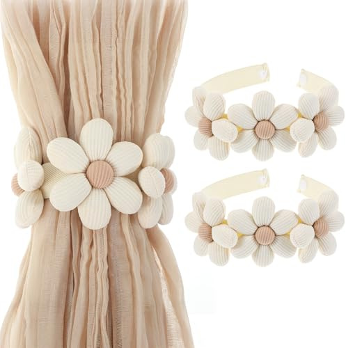 2 Stück Gardinenhalter Blume Vorhang Halter Gardinenband Blume Raffhalter für Vorhänge Süße Boho Dekorative Vorhanghalter Elastisch Halter Handgefertigte für Kinderzimmer Wohnzimmer Schlafzimmer
