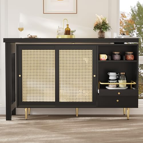Tavolo girevole a 360° con superficie estraibile, armadio in rattan e ripiano aperto, stabile tavolo da bar per cucina, sala da pranzo o soggiorno, nero, 187 x 40 x 76 cm
