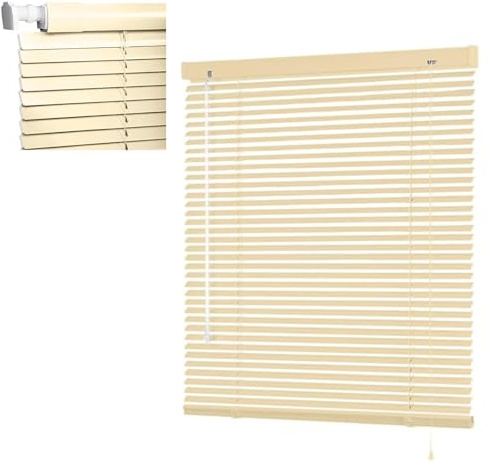 No Drill 25 mm Slat Aluminum Mini Blinds for Indoor Windows, 30 45 50 60 70 130 120 100 150 170 cm Cordless Privacy Horizontal Blind, Blackout Venetian Shades for Bathroom Office(Beige)