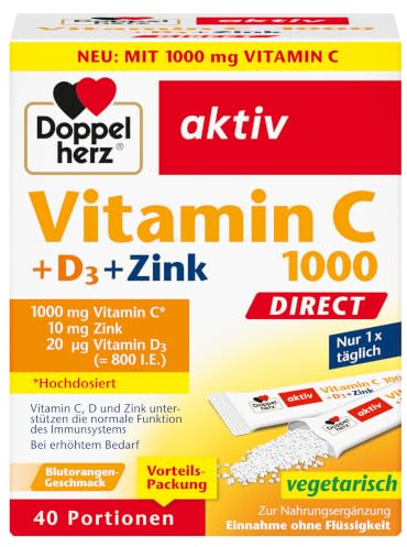 Doppelherz Vitamin C 1000 + D3 + Zink DIRECT - Blutorangen-Geschmack | Hochdosiert mit Vitamin C, Zink und Vitamin D3 zur Unterstützung einer normalen Funktion des Immunsystems - 40 Portionen