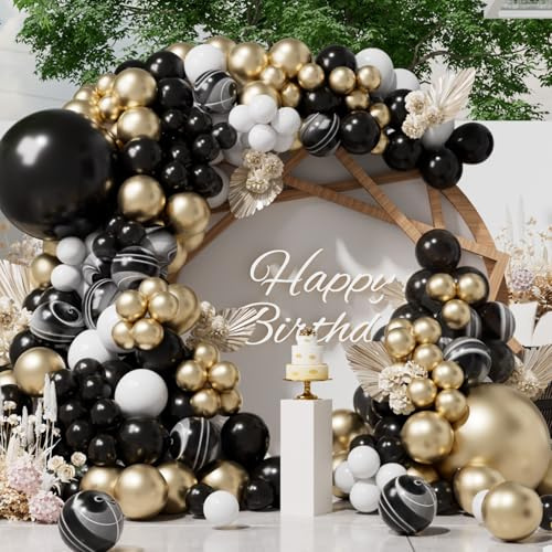 SUWEN 153 Stück Schwarz Marmor und Gold Weiß Ballons Bogen Set