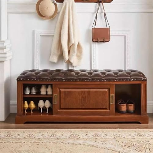 Zapatero de nogal, banco para cambiar zapatos, mueble de cuero, banco para zapatos de madera maciza con espacio de almacenamiento, zapatero con superficie de cuero y puerta corrediza para entrada