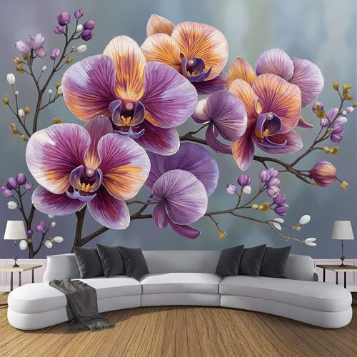 ANALTIRCE Papier Peint Panoramique Abstrait Orchidée Branches 250×175 cm - Décoration Murale Élégant Floral, Murales Papier Peint Intissé pour Chambre Salon, Poster Tableaux Photo Muraux