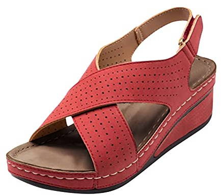 Sandali Donna Bassi Estivi Sandali Pianta Larga Slope Fashion Casual Sandals Hook & Loop Heelbreathable Hollow Women'S Sandals da Camminata Donna Spiaggia (Red 41)