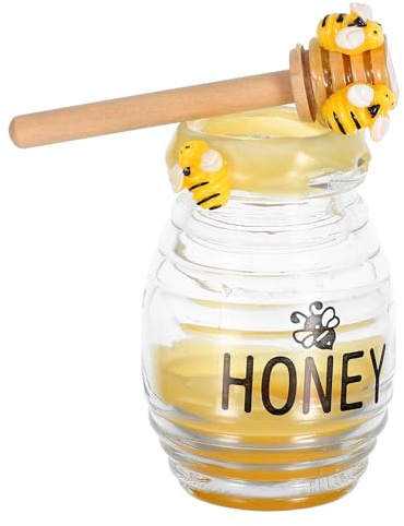 COMPUKAS Honey Jar Beehive Decoration with Faux Bees, Glass and Wood Tabletop Centrepiece for Bee Theme Party Supplies, Holiday Decor and Party Scenes