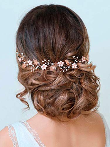 Barogirl Hochzeits-Kopfschmuck Rose Gold Braut Blume Haar Rebe Perle Braut Kristall Stirnband für Frauen (Roségold)