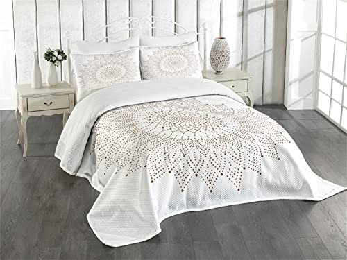 ABAKUHAUS Brown Mandala Tagesdecke Set, Pointillist Spitze Kunst, Set mit Kissenbezügen Waschbar, für Doppelbetten 264 x 220 cm, Braun Weiß