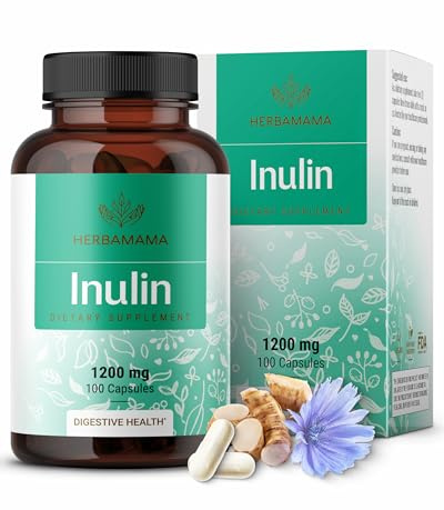 HERBAMAMA Inulin Powder Capsules 1200mg - Digestive Support & Gut Cleanse with Inulin Prebiotic Fiber - Vegan, Non-GMO Chicory Root Powder Supplement
