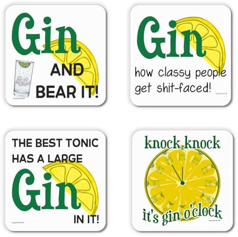 Set of 4 Gin Drinks Coasters Humorous Mat for Gin Lovers! Great Accessories for Home Bar or Pub Shed.