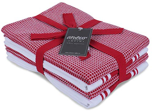 AMOUR INFINI Cotton Kitchen Towels Set of 4 Highly Absorbent, Ultra Soft Waffle Weave Tea Towel with Hanging Loop - 20x28 Inch Quick Drying Dish Cloths for Cleaning (Red)