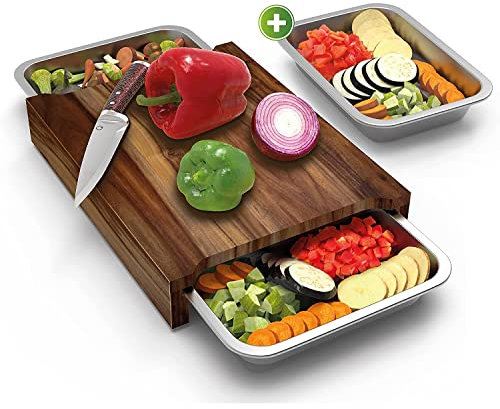 Liebspecht Schneidebrett Set mit Auffangschalen - 40x30x7.2 Groß - Akazienholz mit 3 Edelstahl Backblechen Reinigbar in der Spülmaschine - Multifunktionales Küchen Holzbrett